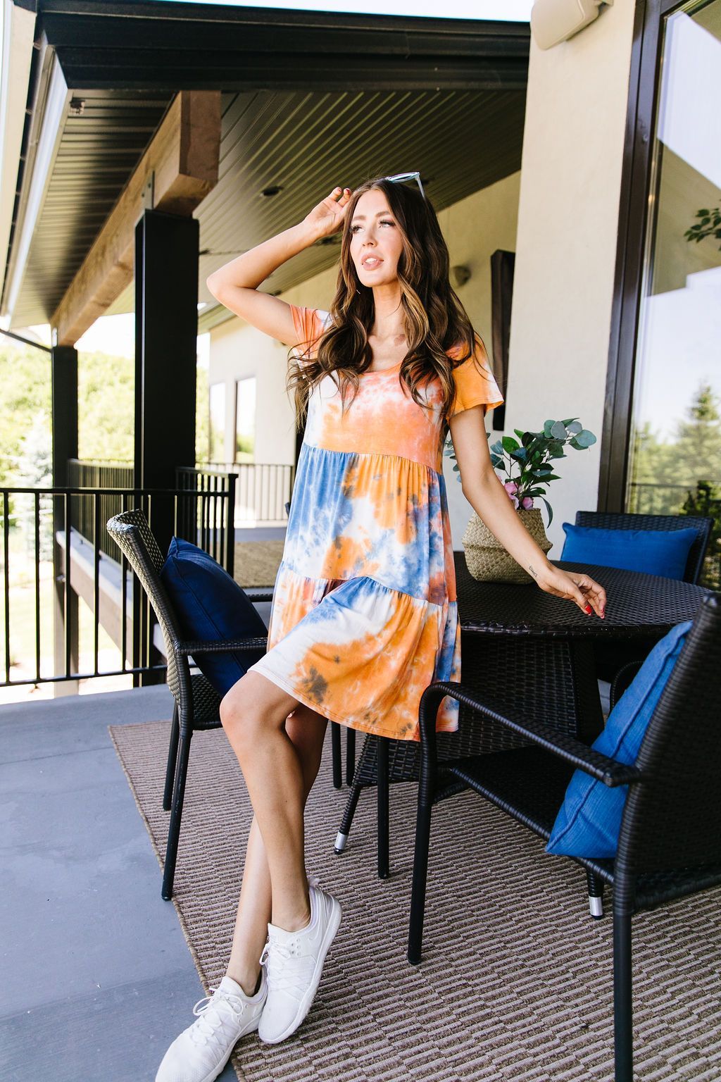 Tiered Tie Dye Dress In Orange & Blue  Aydin & Ella
